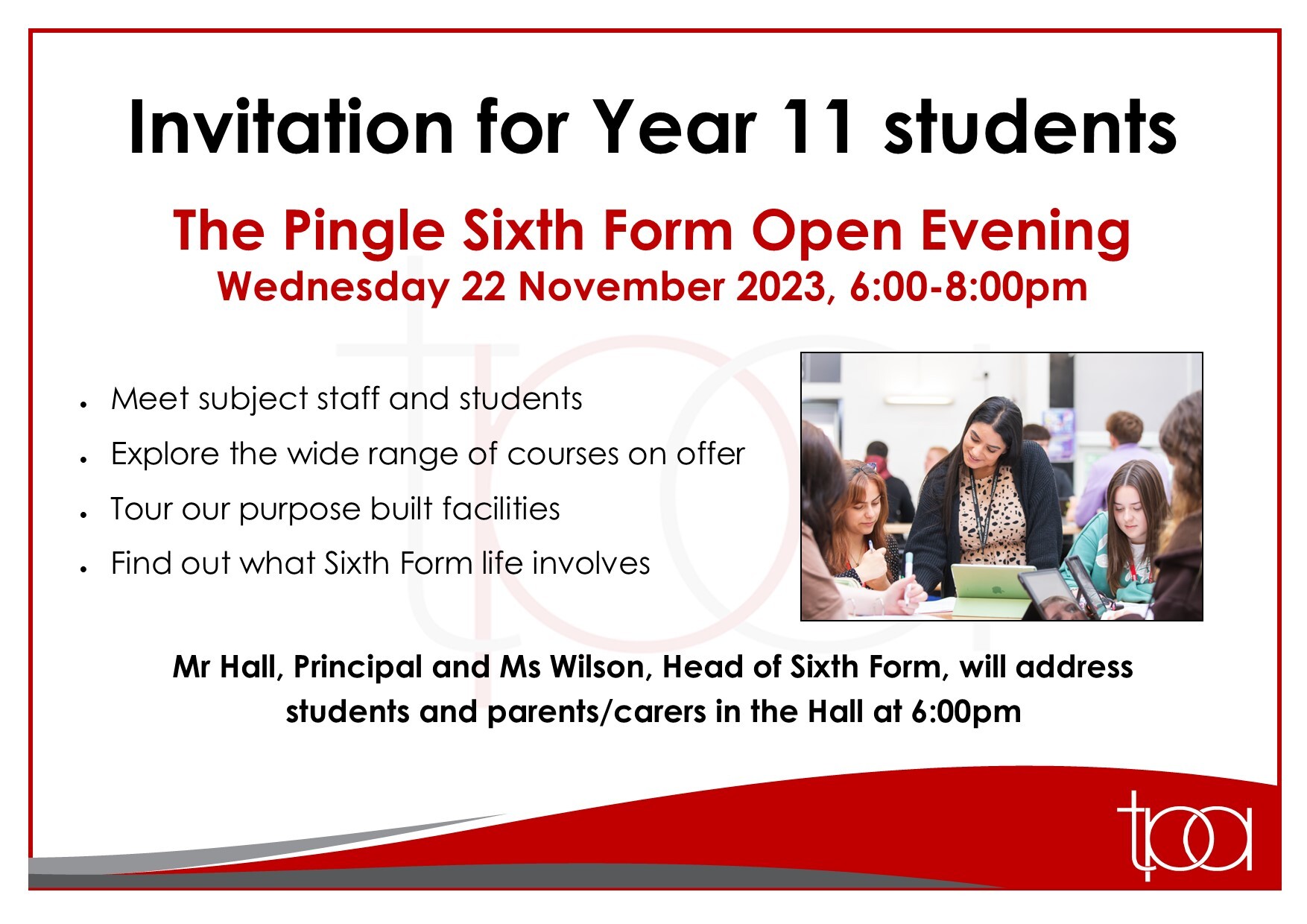 Pingle sixth form open evening invitation 2022